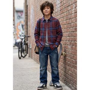 New DC Kids Big Boys' Kingsmen Plaid Button-Down Long Sleeve Shirt Size 11-12 Y